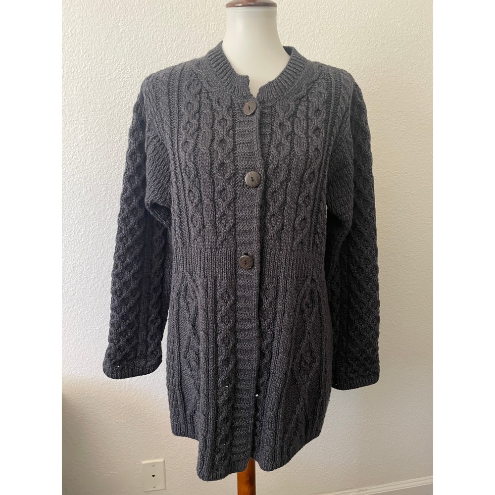 Shannon Woolen Mills Cardigan Sweater Women XL Aran Merino Wool Ireland Nautical